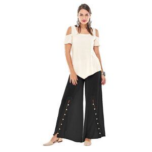Oh My Gauze Black Dallas Wide Leg Pull-On Pants With Angular Button Detailing S/